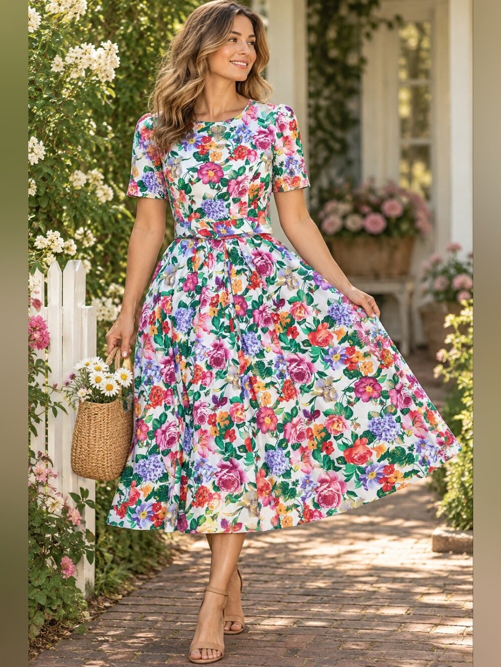 Vtg 80s 90s Floral Fit Flare Dress Belted Full Skirt Cottagecore Garden Party